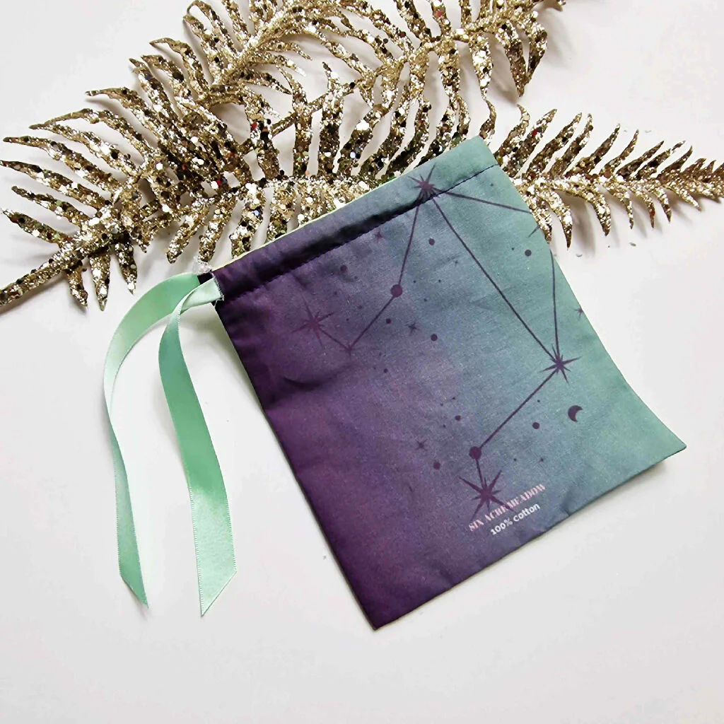 Libra Zodiac Birth Flower Gift Pouch in Green and Purple - Image 3