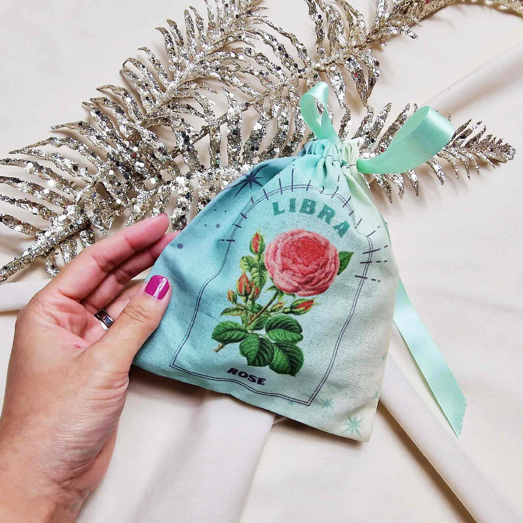 Libra Zodiac Birth Flower Gift Pouch in Green and Purple - Image 5