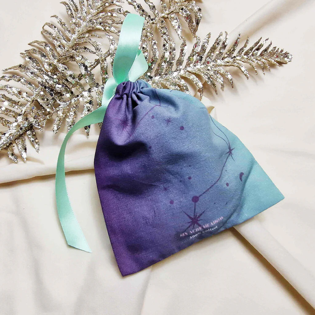 Libra Zodiac Birth Flower Gift Pouch in Green and Purple - Image 6