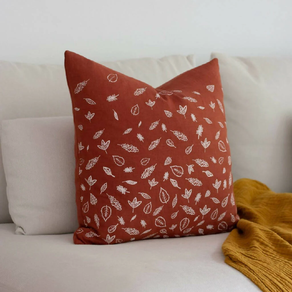 Linen Cushion with Hand Printed Leaf Design - Image 4