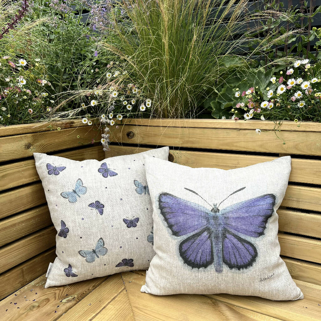 Linen Silver Studded Blue Butterfly Cushion - Image 3