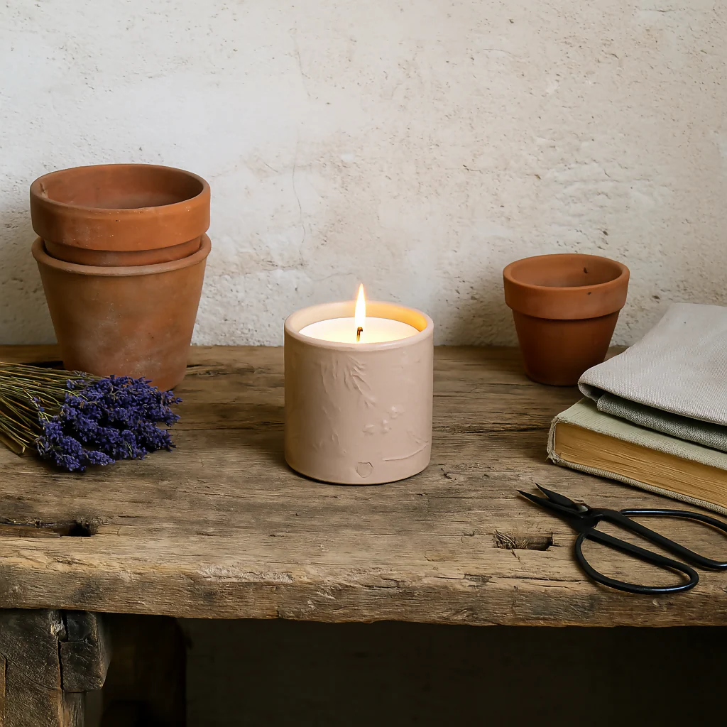 Lino print Botanical Candle Pot with Refill - Blush Pink - Image 3