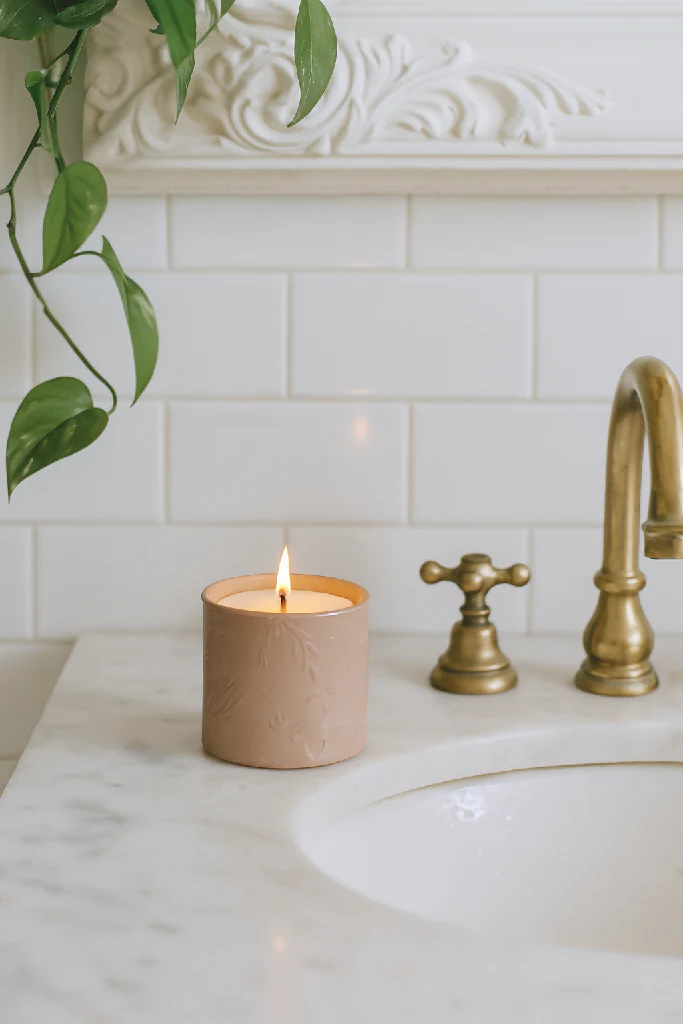Lino print Botanical Candle Pot with Refill - Blush Pink - Image 9
