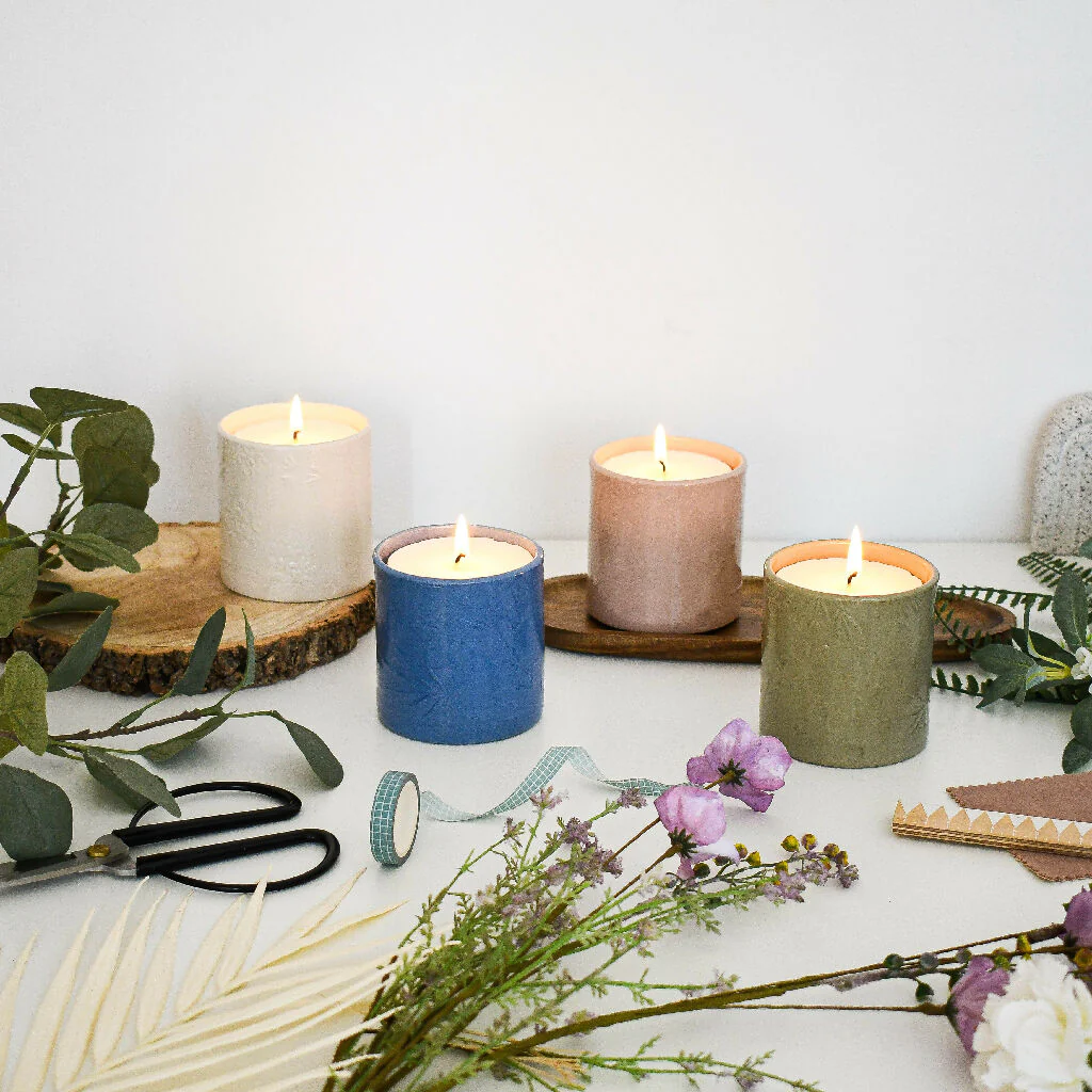 Lino print Botanical Candle Pot with Refill-Clotted Cream - Image 10