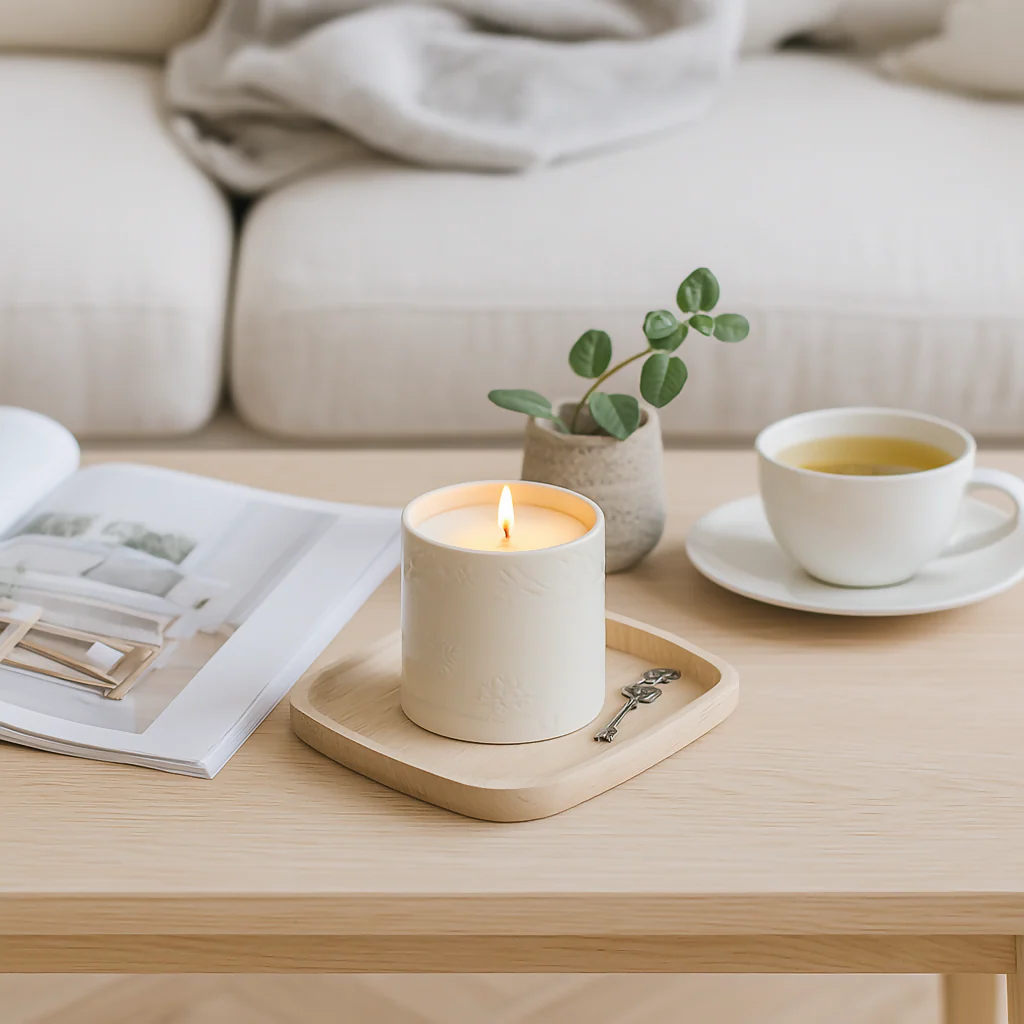 Lino print Botanical Candle Pot with Refill-Clotted Cream - Image 4