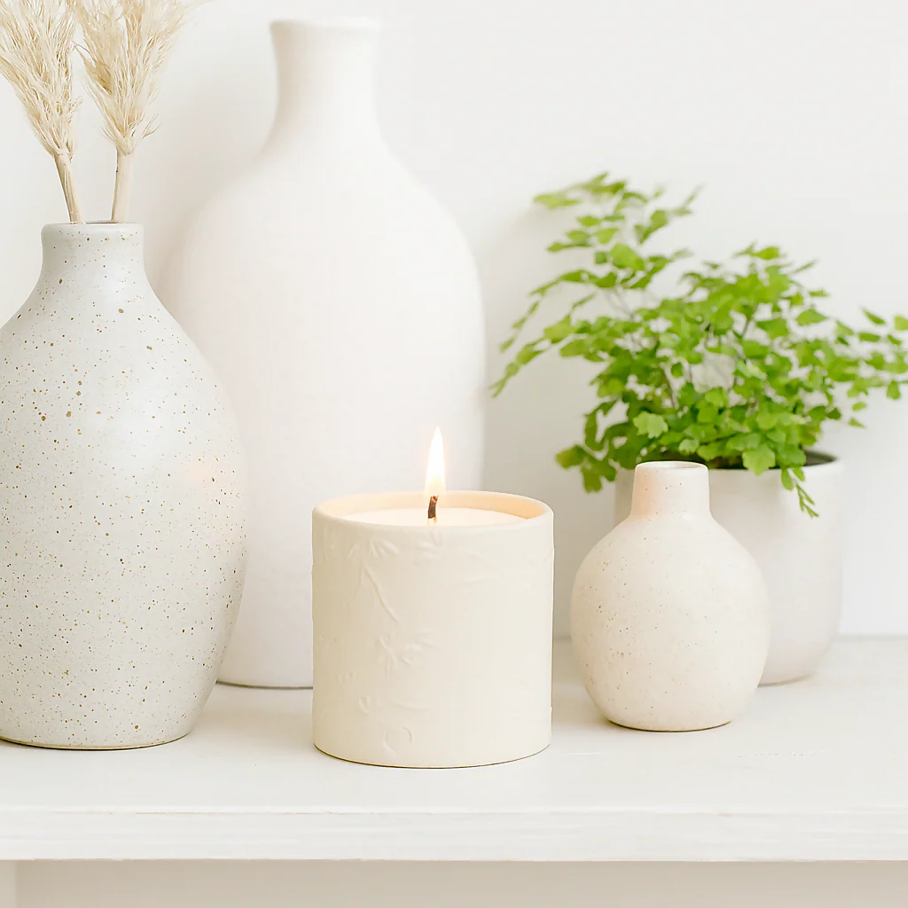 Lino print Botanical Candle Pot with Refill-Clotted Cream - Image 6