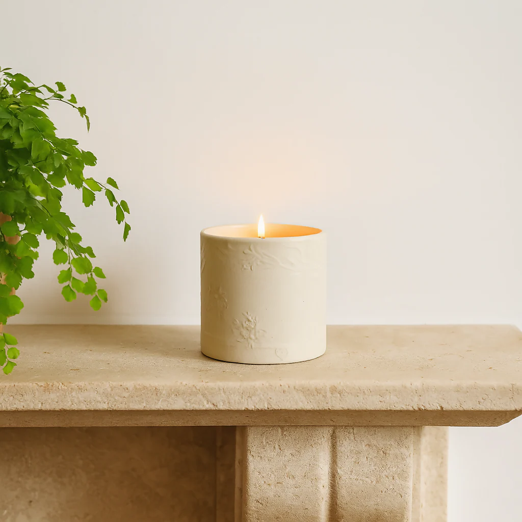 Lino print Botanical Candle Pot with Refill-Clotted Cream - Image 8