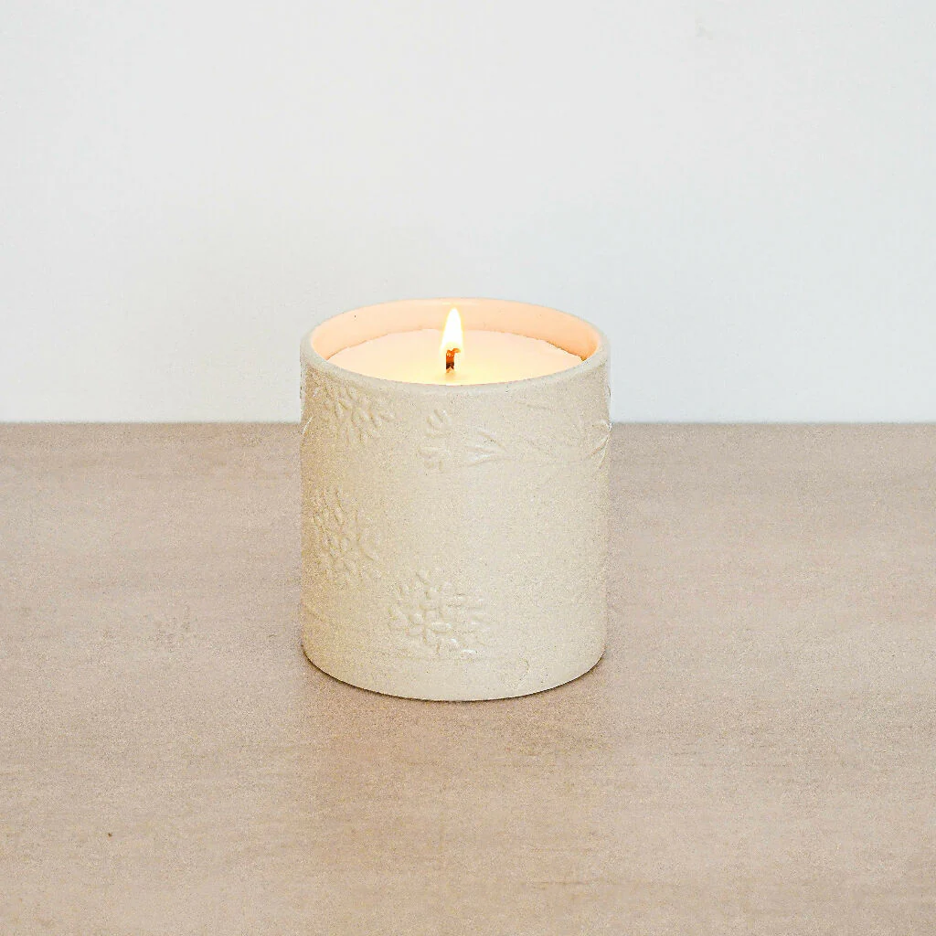 Lino print Botanical Candle Pot with Refill-Clotted Cream - Image 9