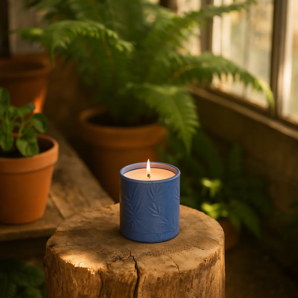 Lino print Botanical Candle Pot with Refill-Denim Blue - Image 10