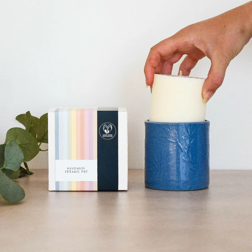 Lino print Botanical Candle Pot with Refill-Denim Blue - Image 2