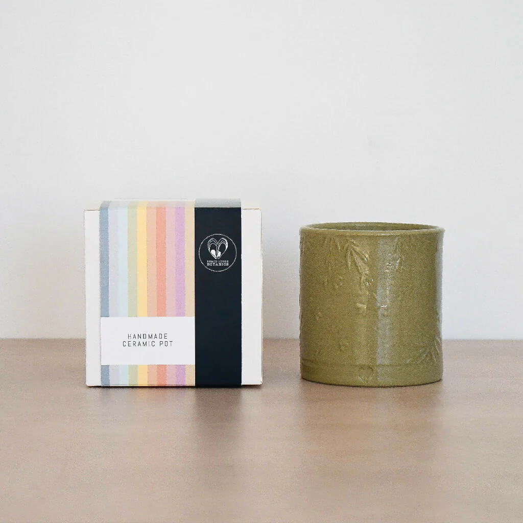 Lino print Botanical Candle Pot with Refill - Olive Green - Image 2