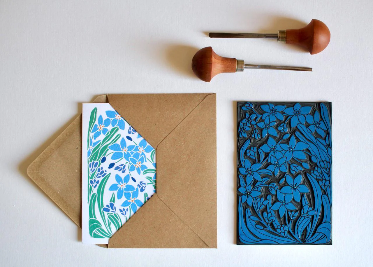 Linocut Forget-me-not Flowers Greeting Card | Single Card & Envelope - Image 3