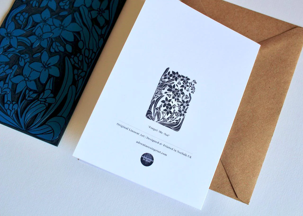 Linocut Forget-me-not Flowers Greeting Card | Single Card & Envelope - Image 4