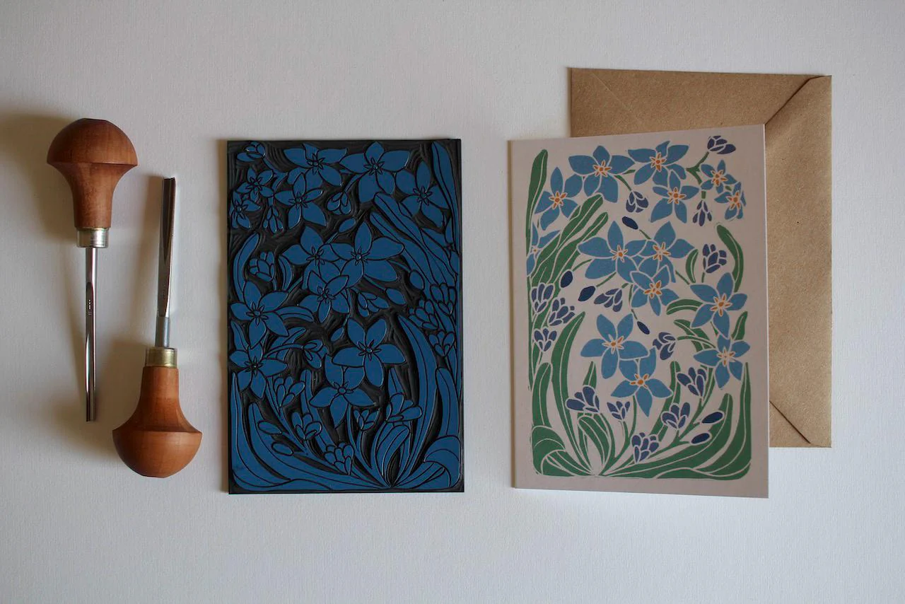 Linocut Forget-me-not Flowers Greeting Card | Single Card & Envelope - Image 5
