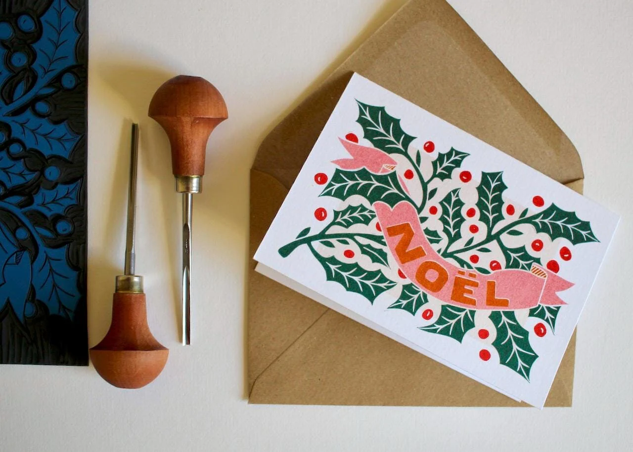 Linocut Holly Noël Christmas Card | Single Card or Pack - Image 2