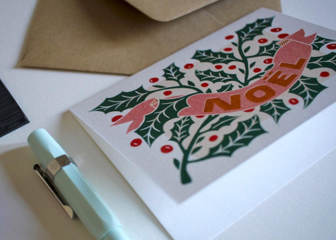 Linocut Holly Noël Christmas Card | Single Card or Pack - Image 3