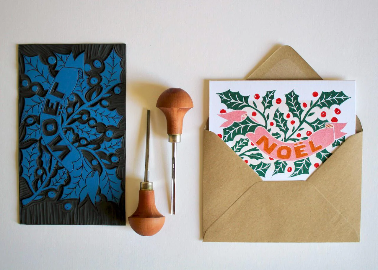 Linocut Holly Noël Christmas Card | Single Card or Pack - Image 4