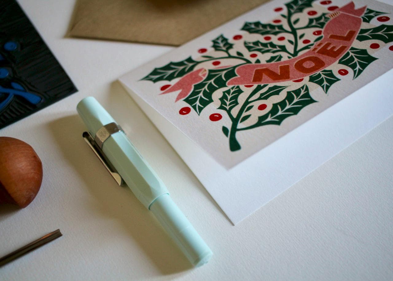 Linocut Holly Noël Christmas Card | Single Card or Pack - Image 7