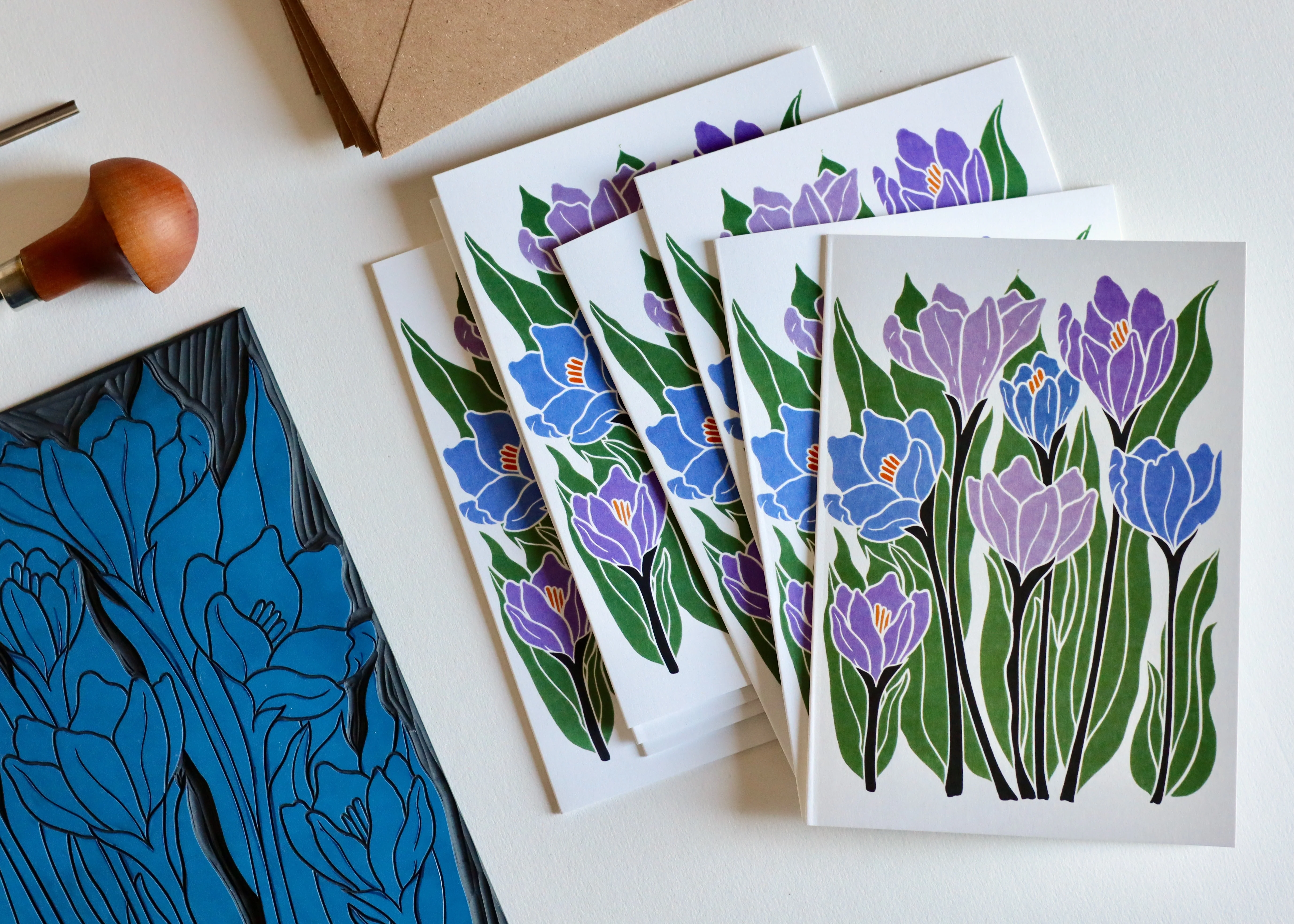 Linocut Joy Bloom Crocus Flowers Cards | Set of 8 Notecards & Envelopes - Image 2