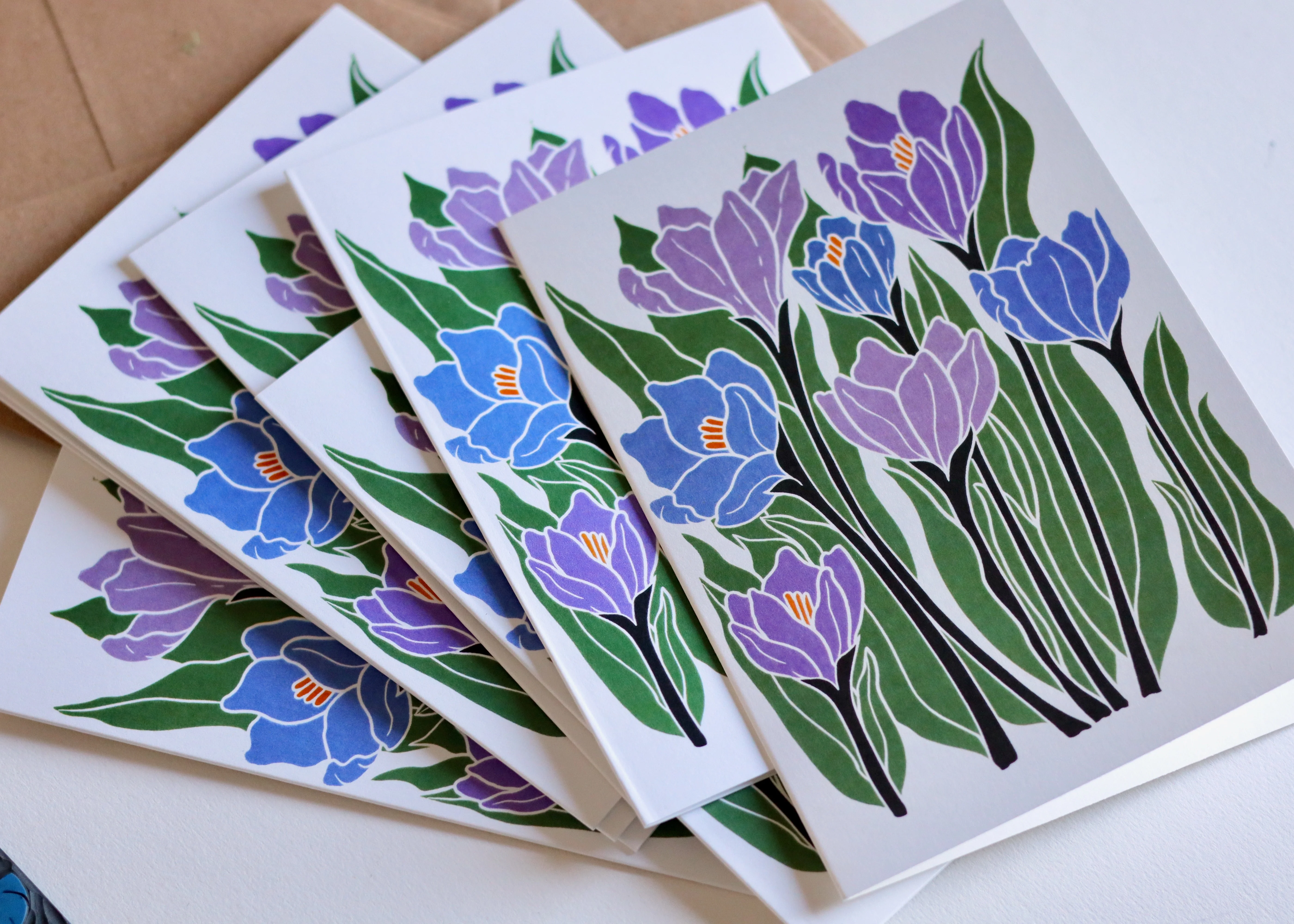 Linocut Joy Bloom Crocus Flowers Cards | Set of 8 Notecards & Envelopes - Image 3