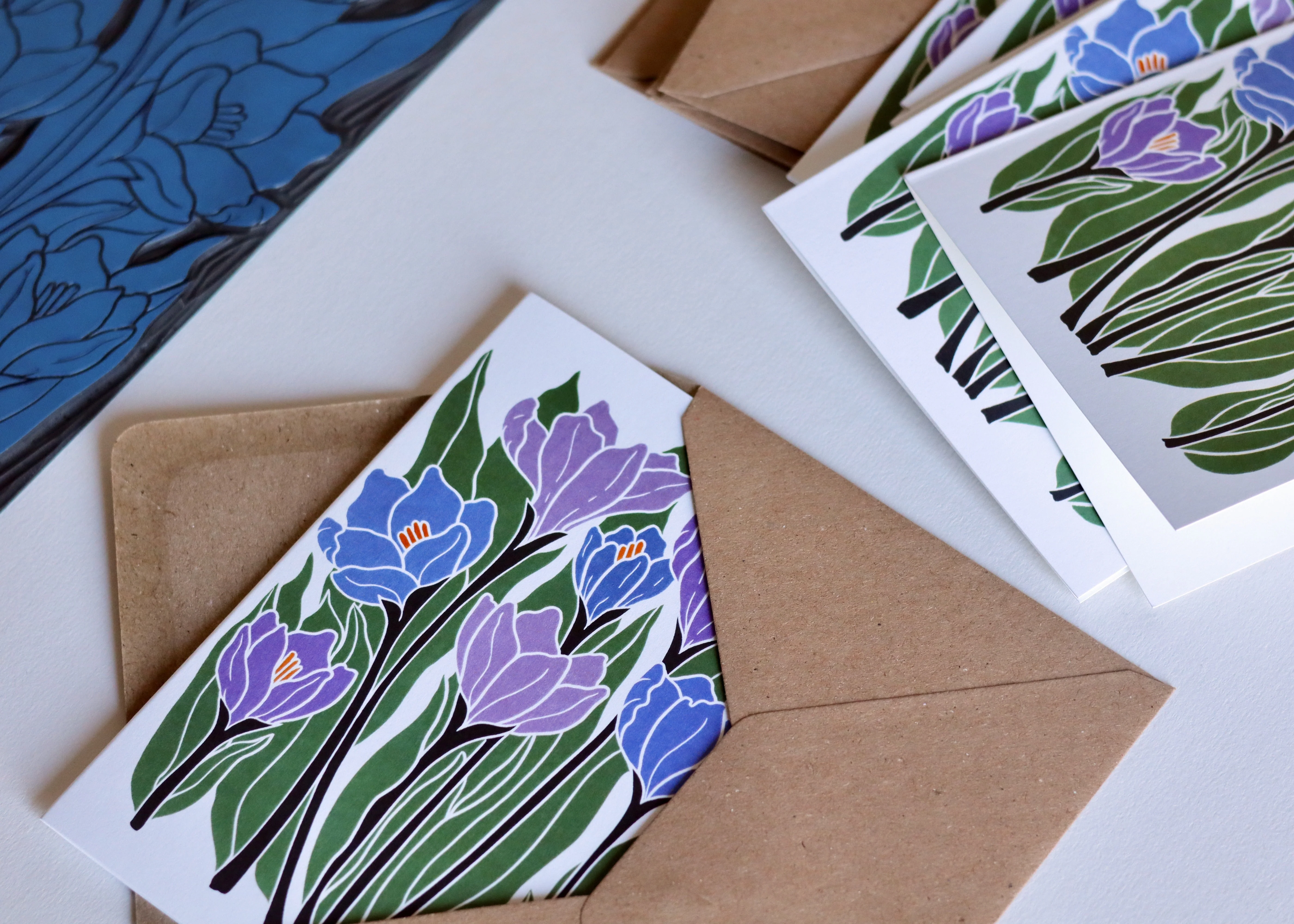 Linocut Joy Bloom Crocus Flowers Cards | Set of 8 Notecards & Envelopes - Image 4
