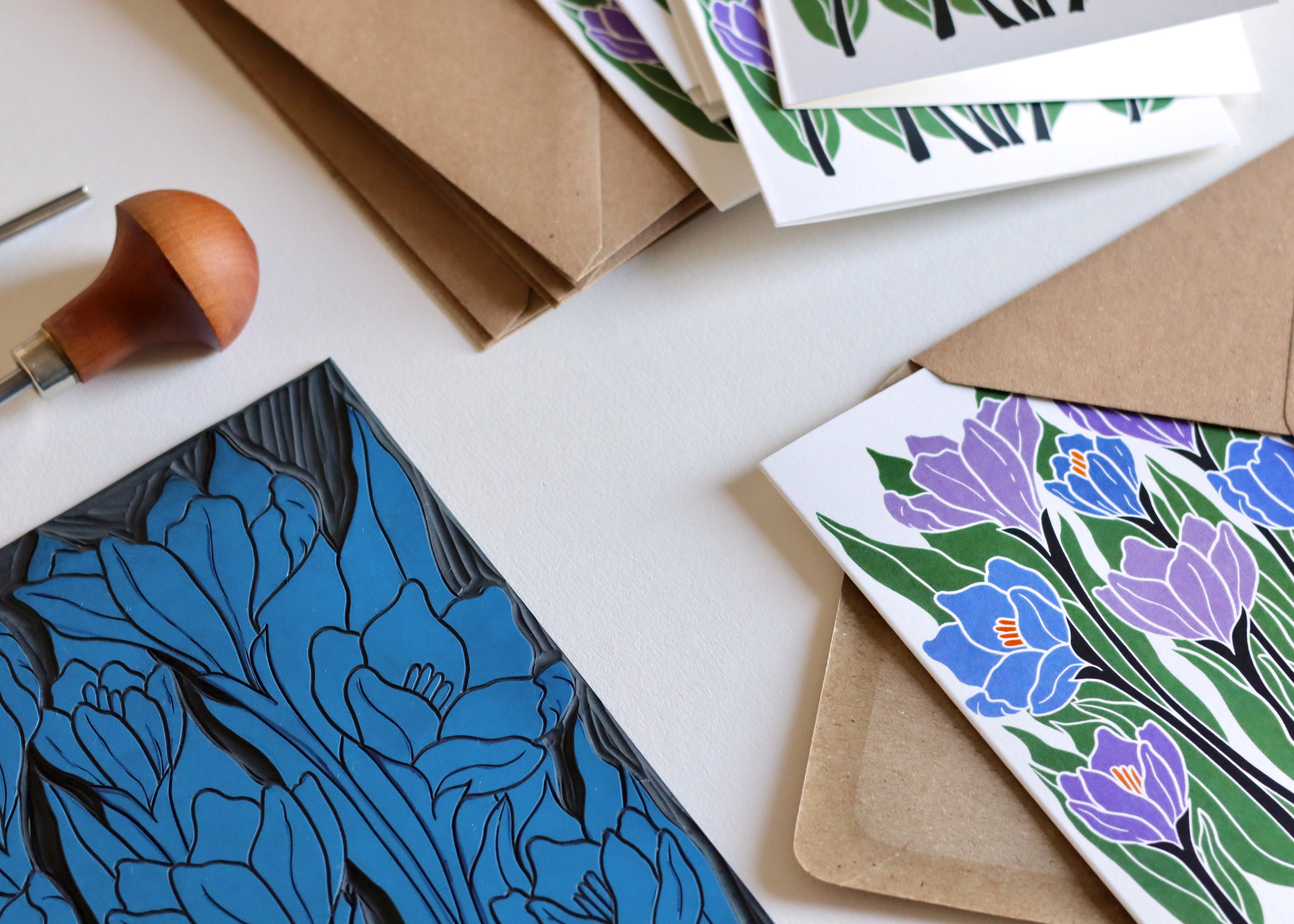 Linocut Joy Bloom Crocus Flowers Cards | Set of 8 Notecards & Envelopes - Image 6