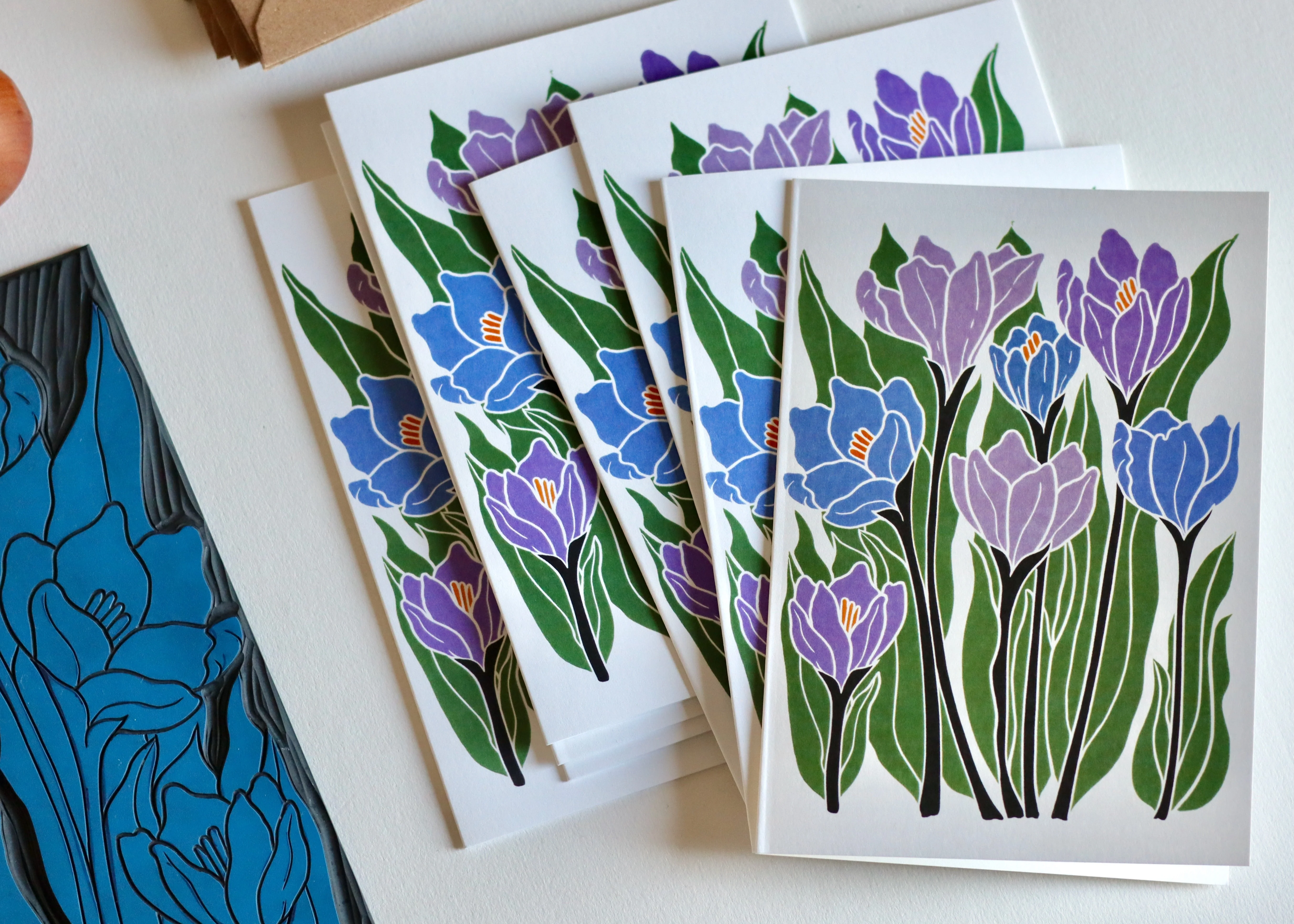 Linocut Joy Bloom Crocus Flowers Cards | Set of 8 Notecards & Envelopes - Image 7