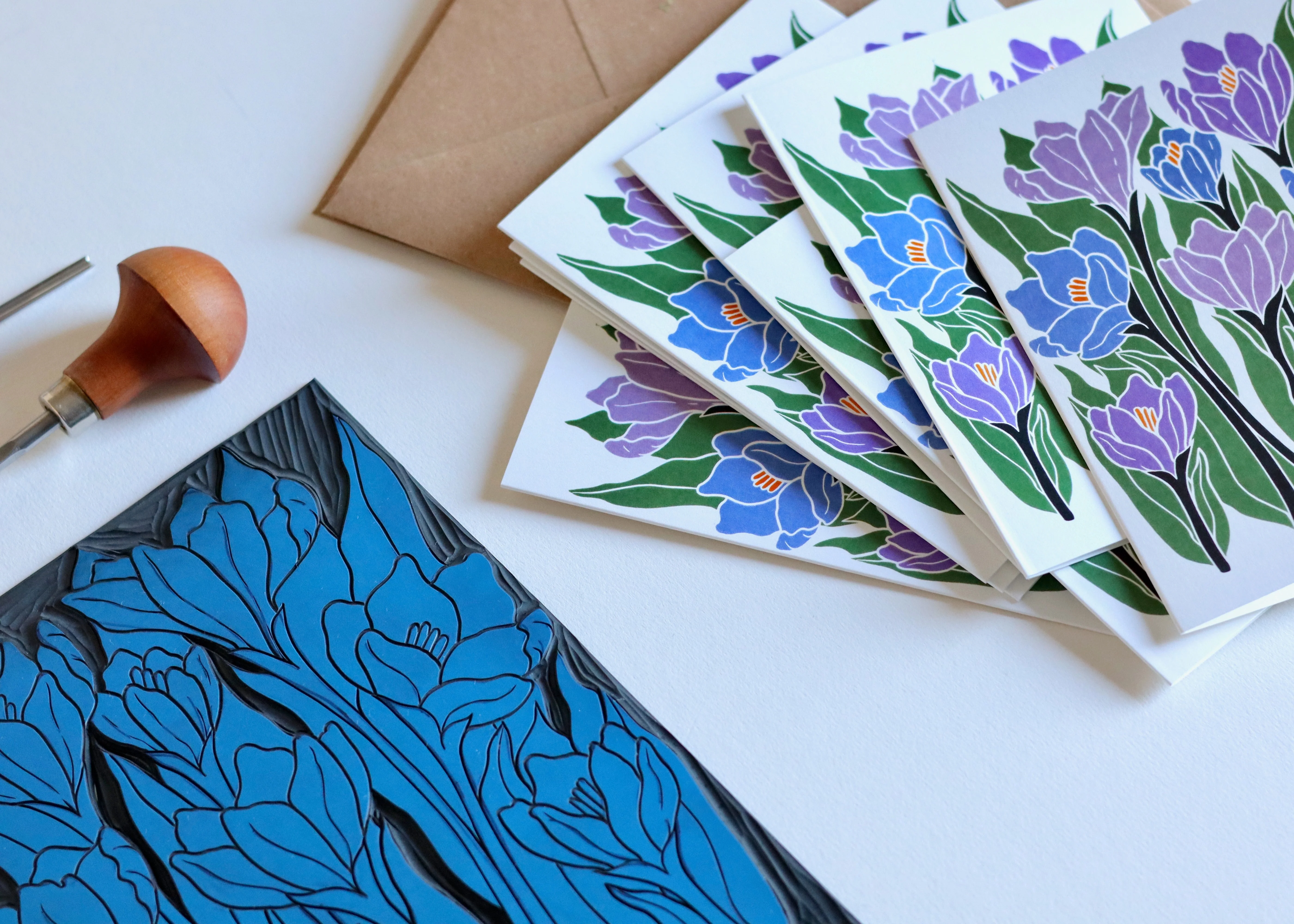 Linocut Joy Bloom Crocus Flowers Cards | Set of 8 Notecards & Envelopes - Image 8