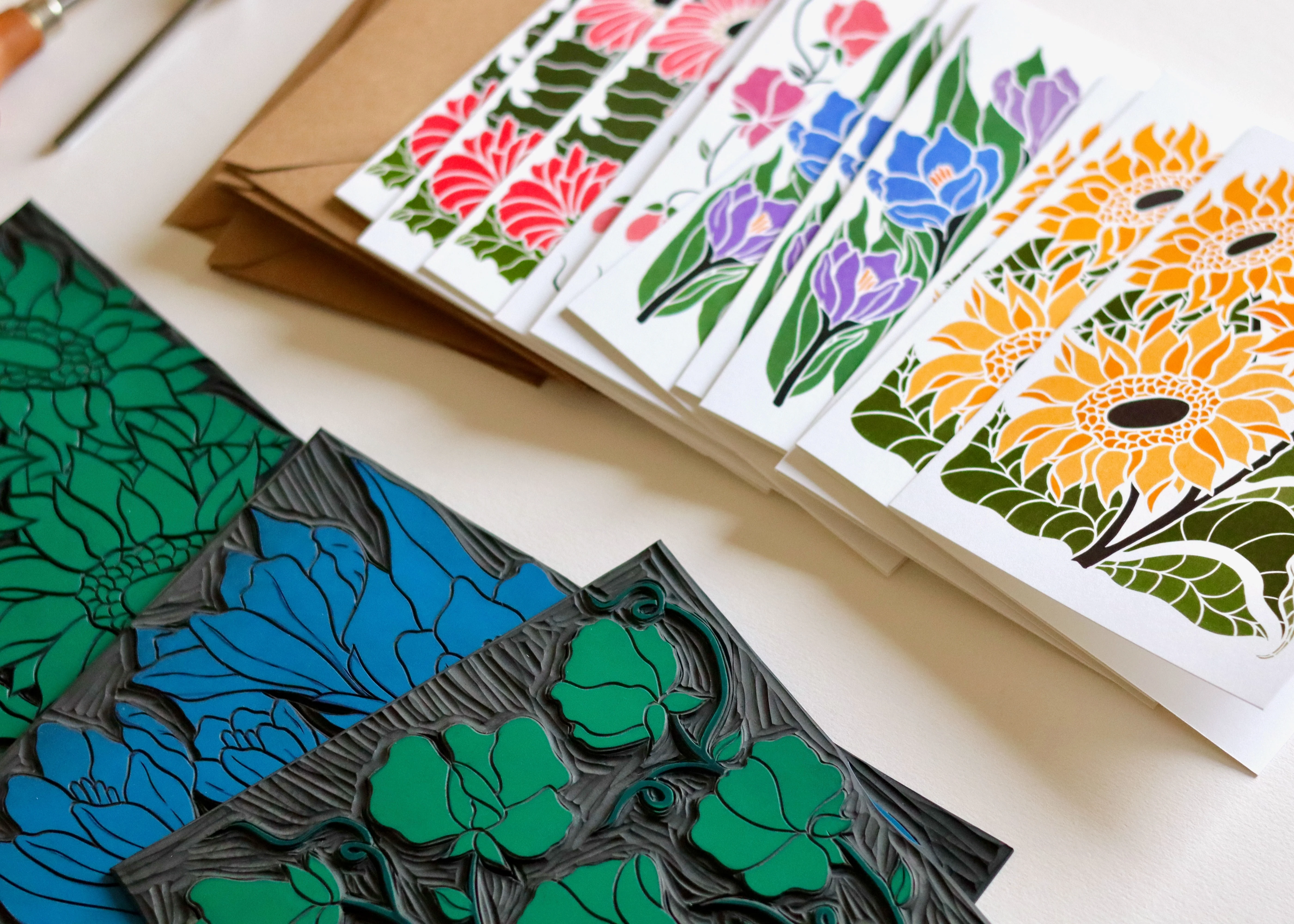 Linocut Joy Bloom Flower Notecards | Set of 12 Notecards & Envelopes - Image 9