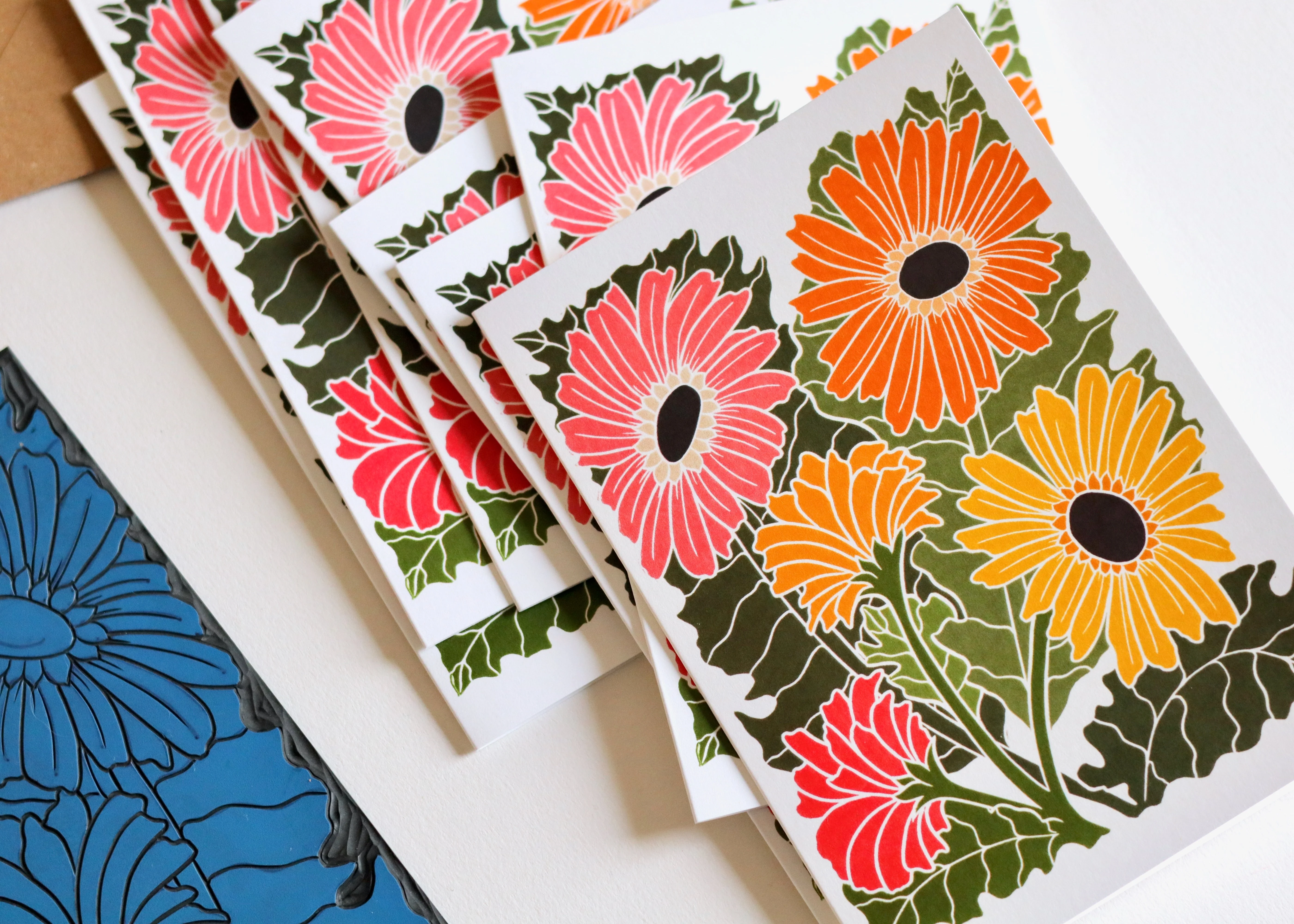 Linocut Joy Bloom Gerbera Daisies Cards | Set of 8 Notecards & Envelopes - Image 2