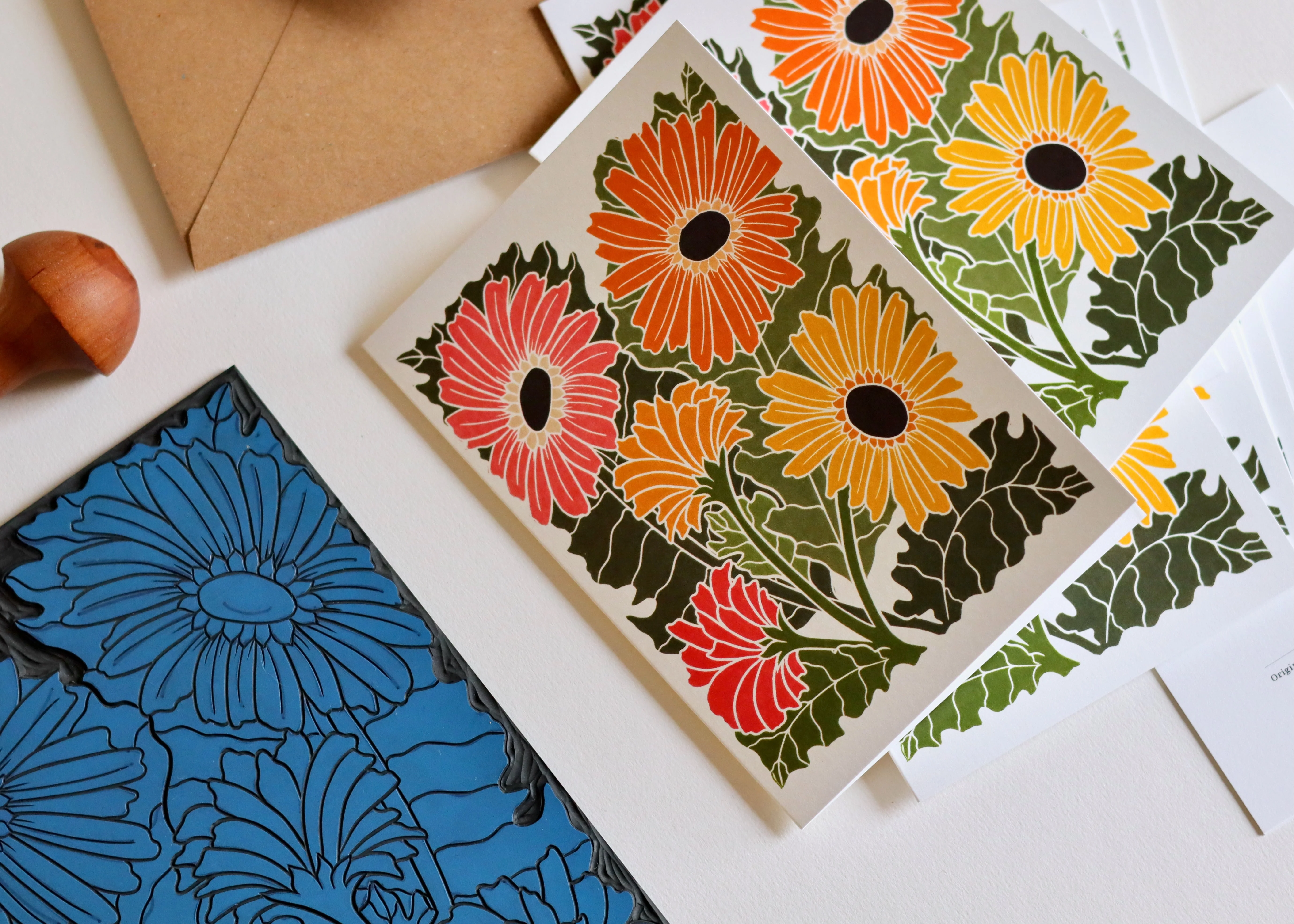 Linocut Joy Bloom Gerbera Daisies Cards | Set of 8 Notecards & Envelopes - Image 3