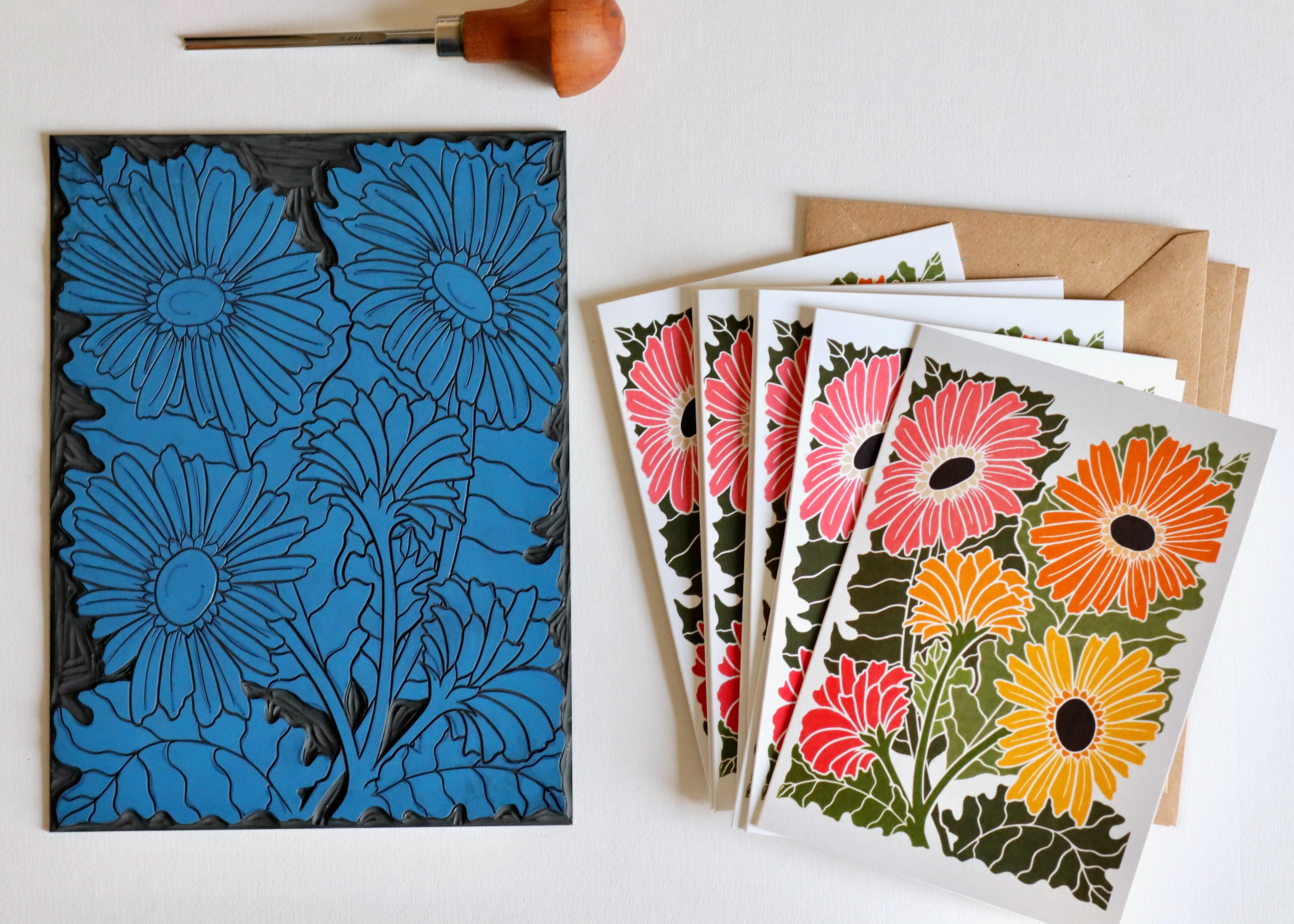 Linocut Joy Bloom Gerbera Daisies Cards | Set of 8 Notecards & Envelopes - Image 4