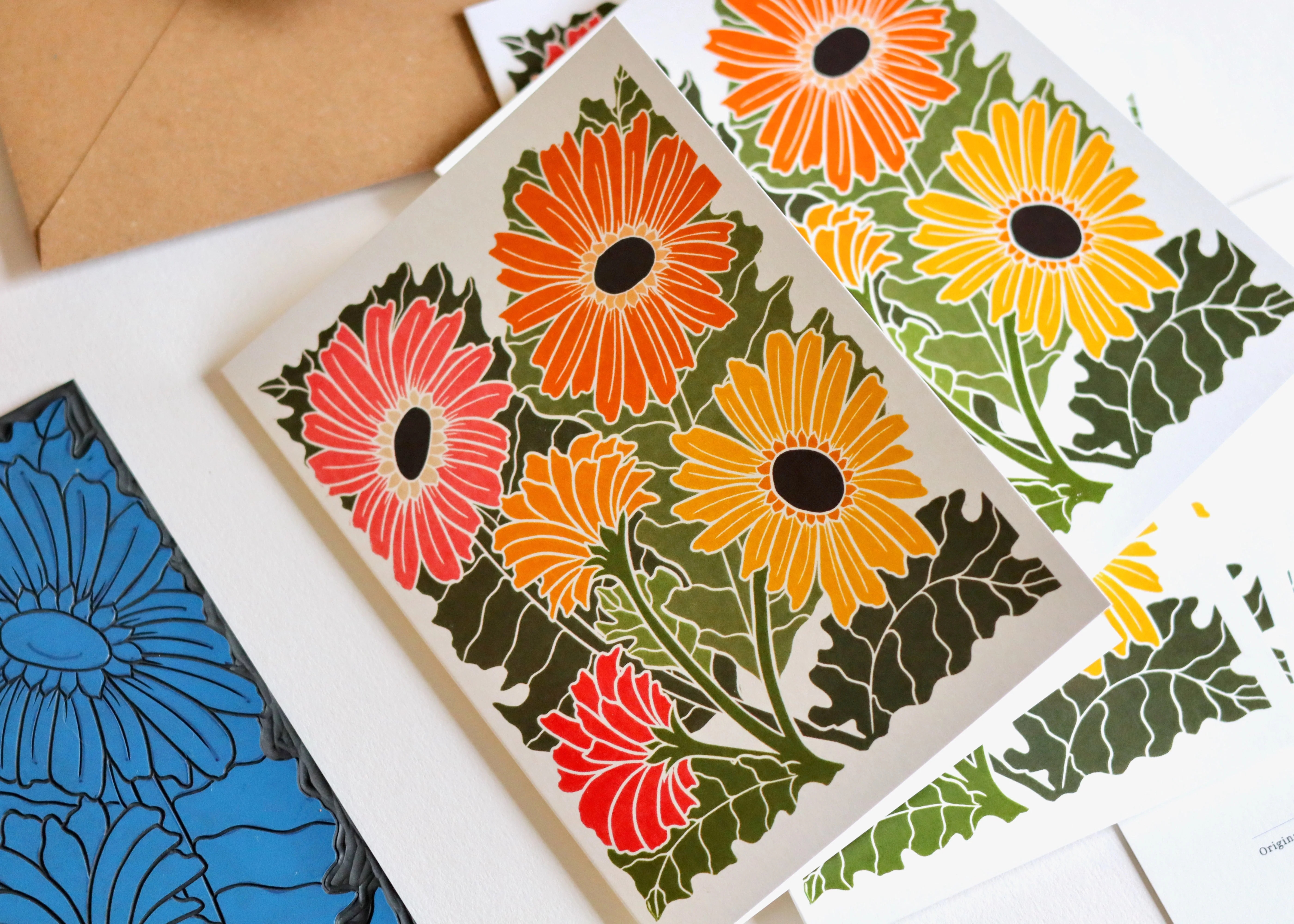 Linocut Joy Bloom Gerbera Daisies Cards | Set of 8 Notecards & Envelopes - Image 5