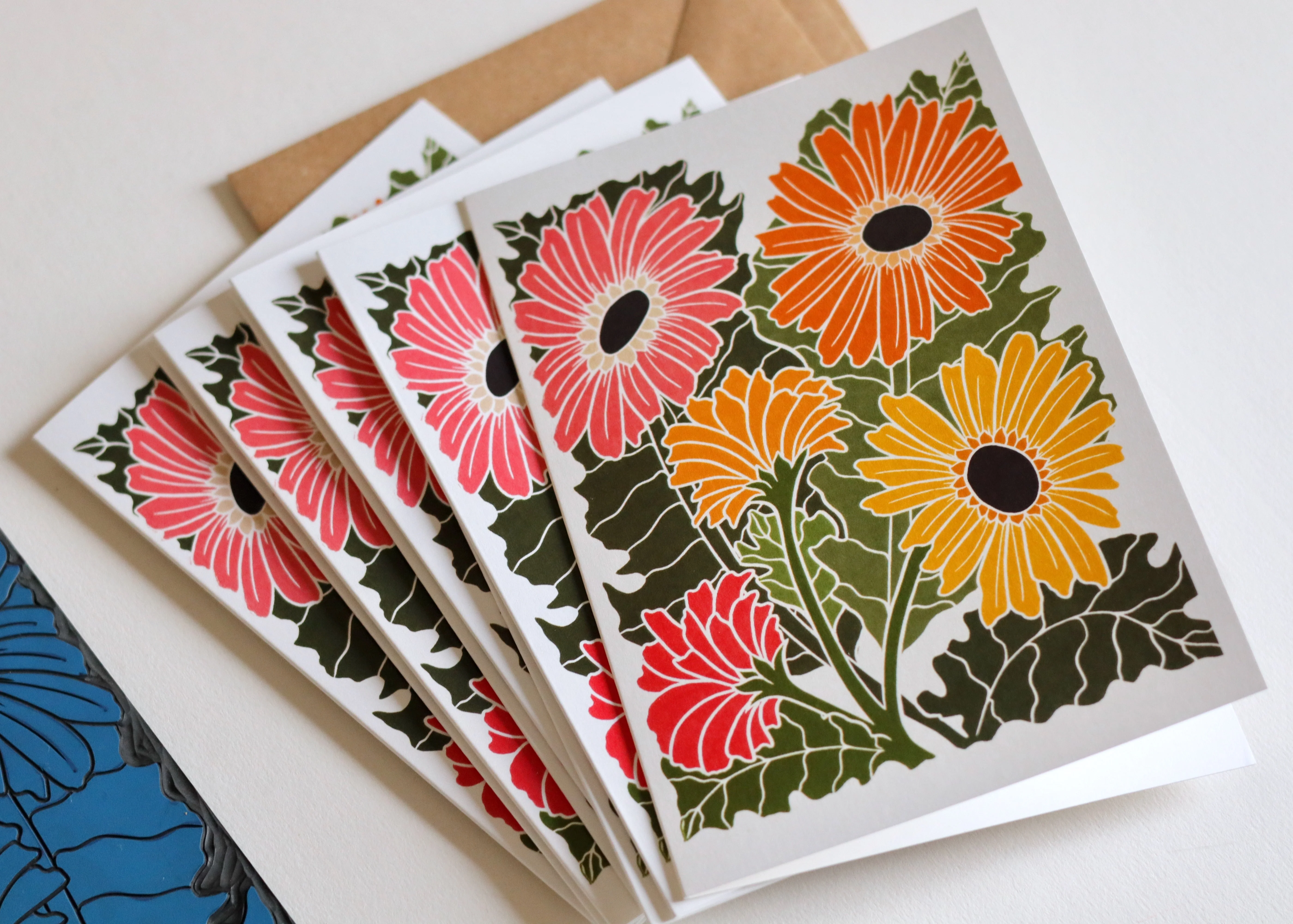 Linocut Joy Bloom Gerbera Daisies Cards | Set of 8 Notecards & Envelopes - Image 7