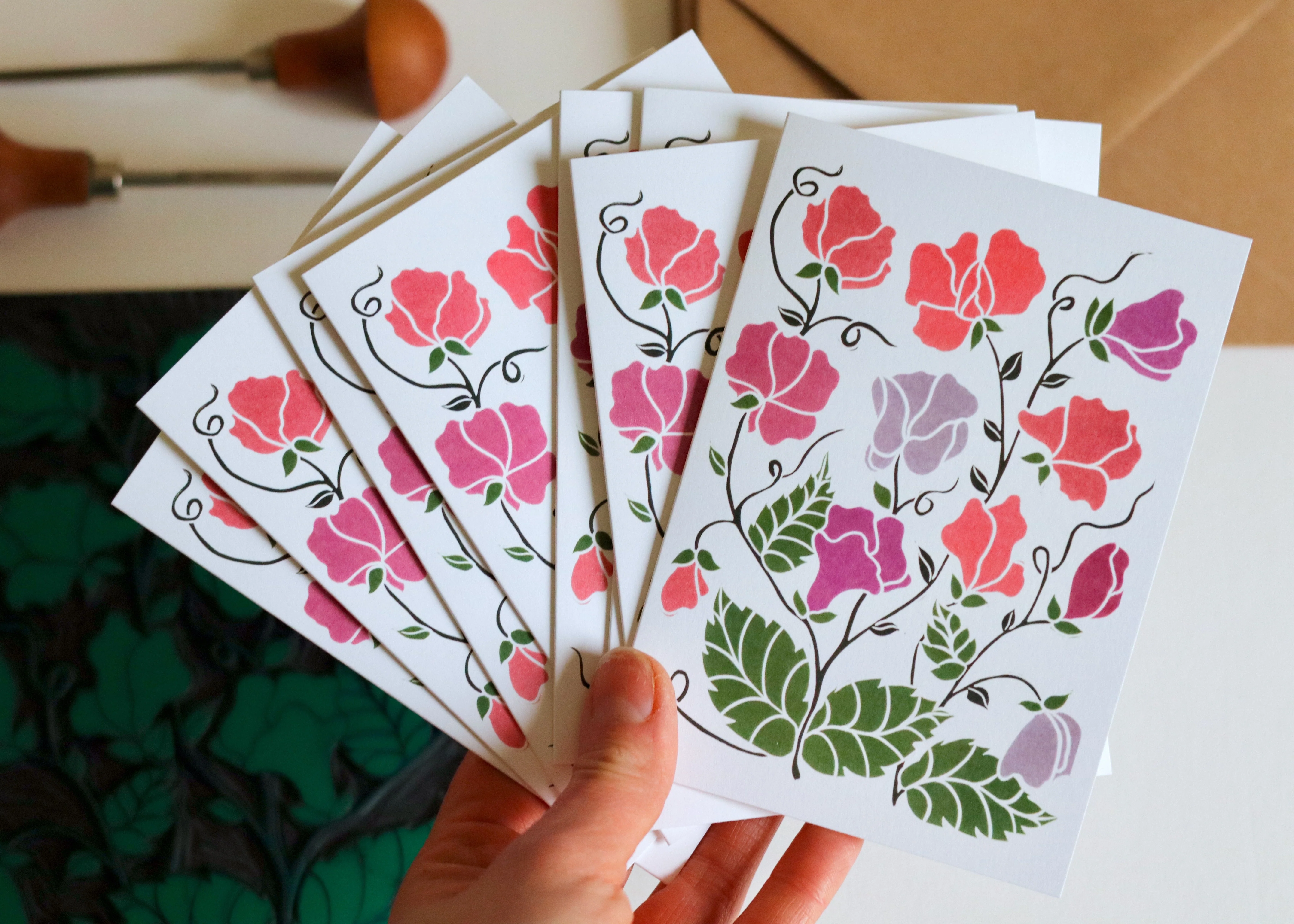 Linocut Joy Bloom Sweet Pea Flower Cards | Set of 8 Notecards & Envelopes - Image 2