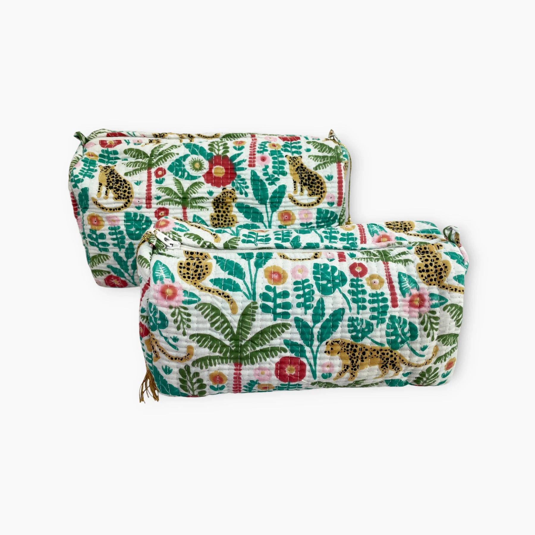 Little Leopard Cotton Washbag, Make Up Bag, Pencil Case with Waterproof Lining - Little Leopards Print in Greens - Image 3