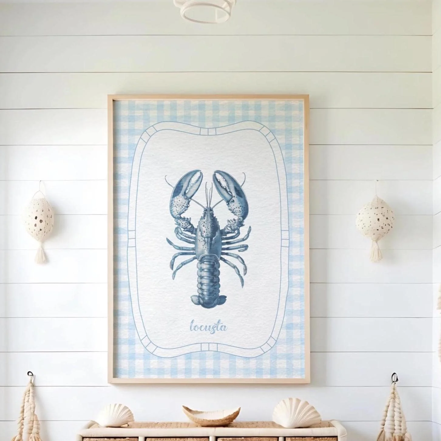 Lobster Print Coastal Artwork Blue White Gingham - Image 2