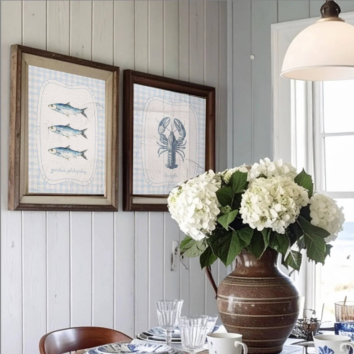 Lobster Print Coastal Artwork Blue White Gingham - Image 4
