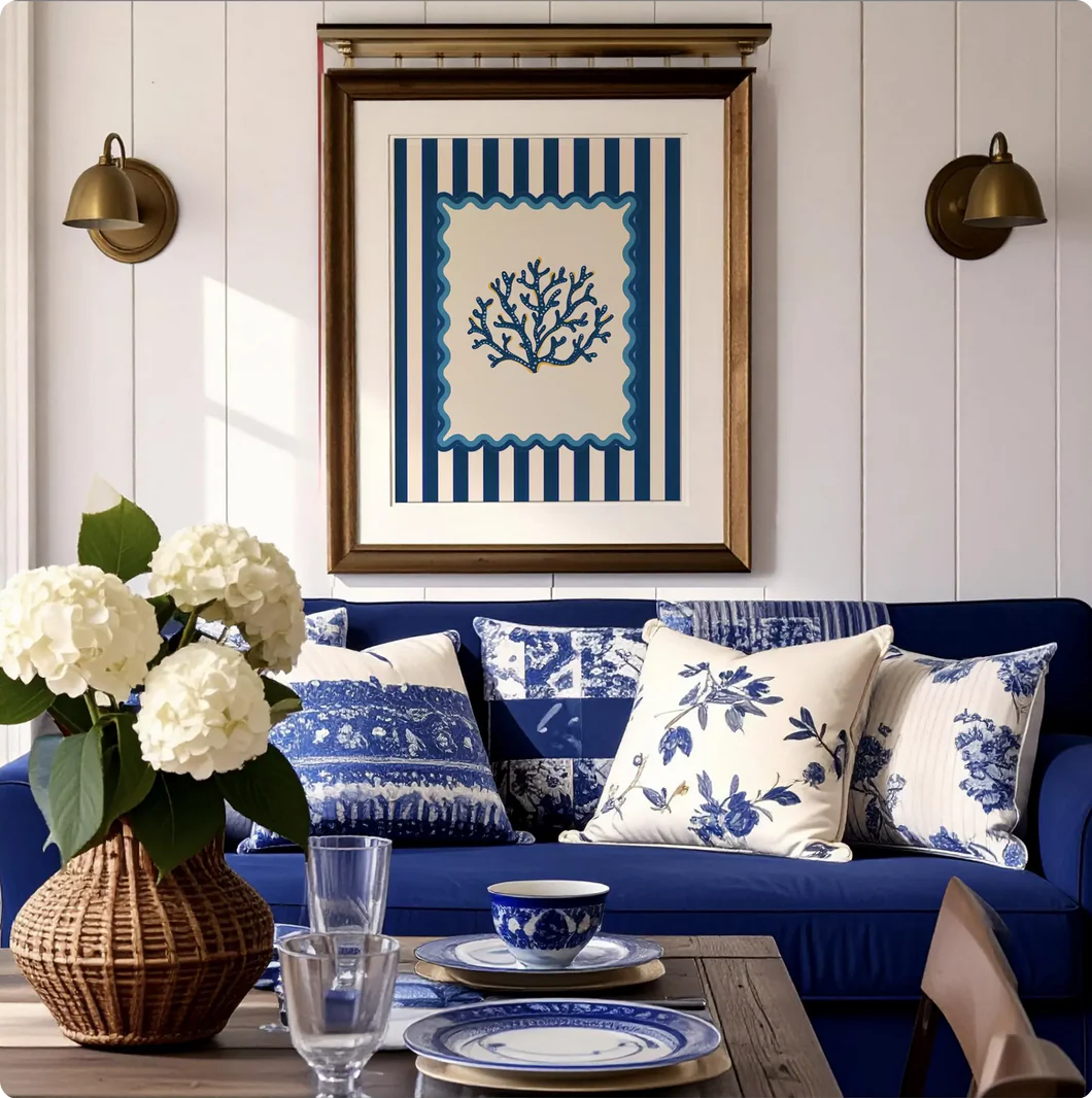 Lobster, Sardines & Coral Wall Art. Gallery Print Set of 3 - Indigo Blue - Image 4