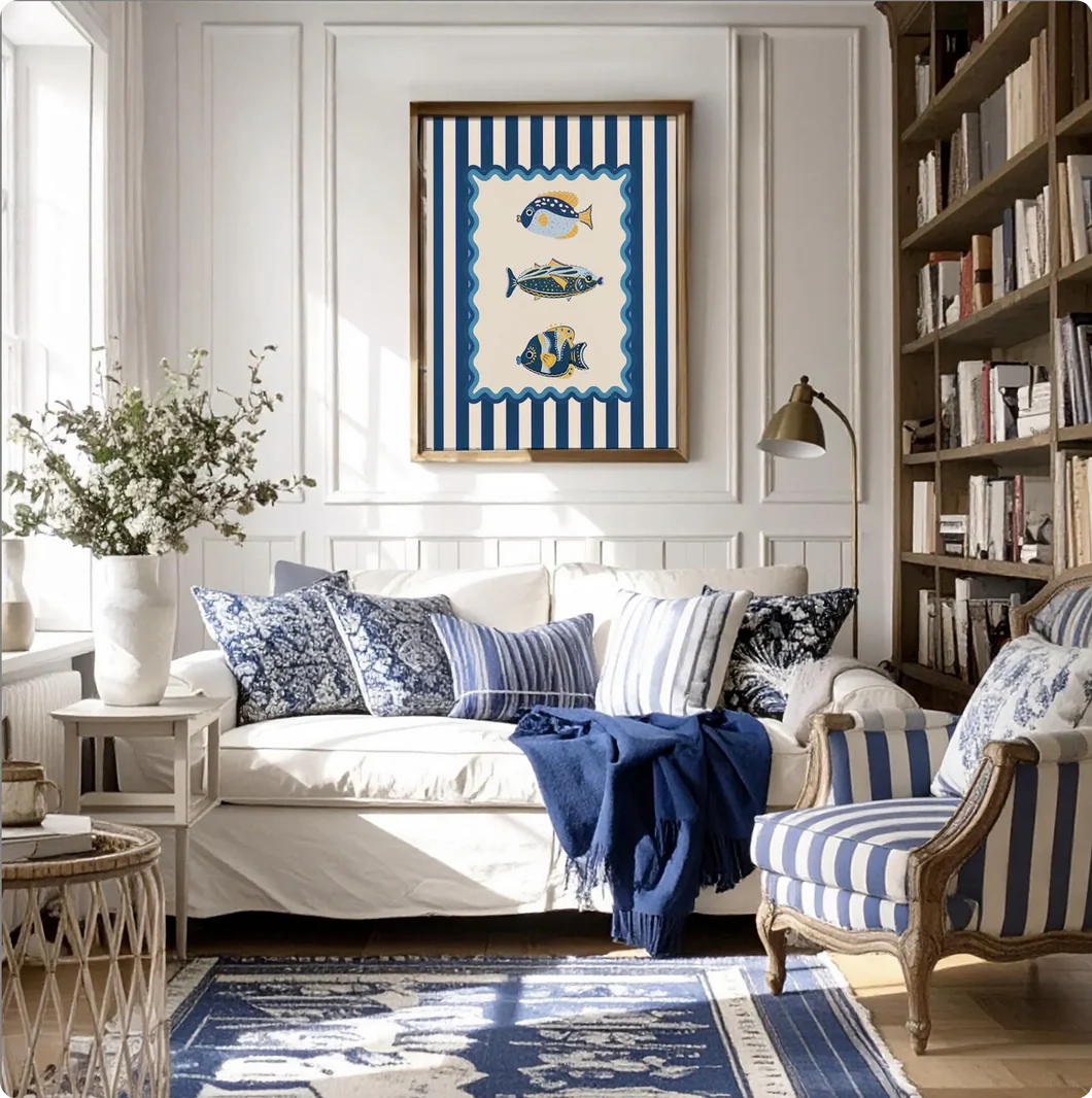 Lobster, Sardines & Coral Wall Art. Gallery Print Set of 3 - Indigo Blue - Image 5