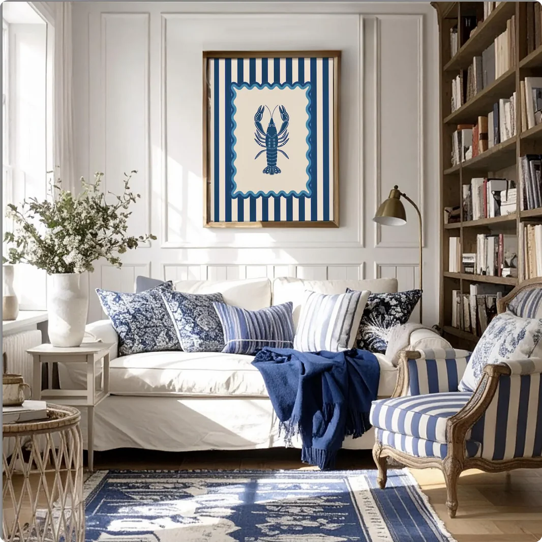 Lobster, Sardines & Coral Wall Art. Gallery Print Set of 3 - Indigo Blue - Image 6
