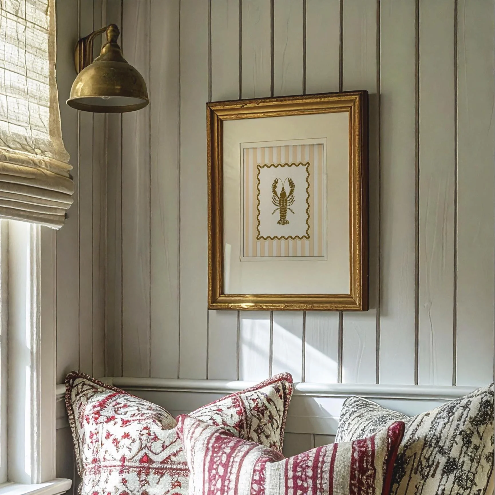 Lobster Sunshine Yellow Striped Wall Art Coastal Print Illustration Coastal Cottage Aesthetic