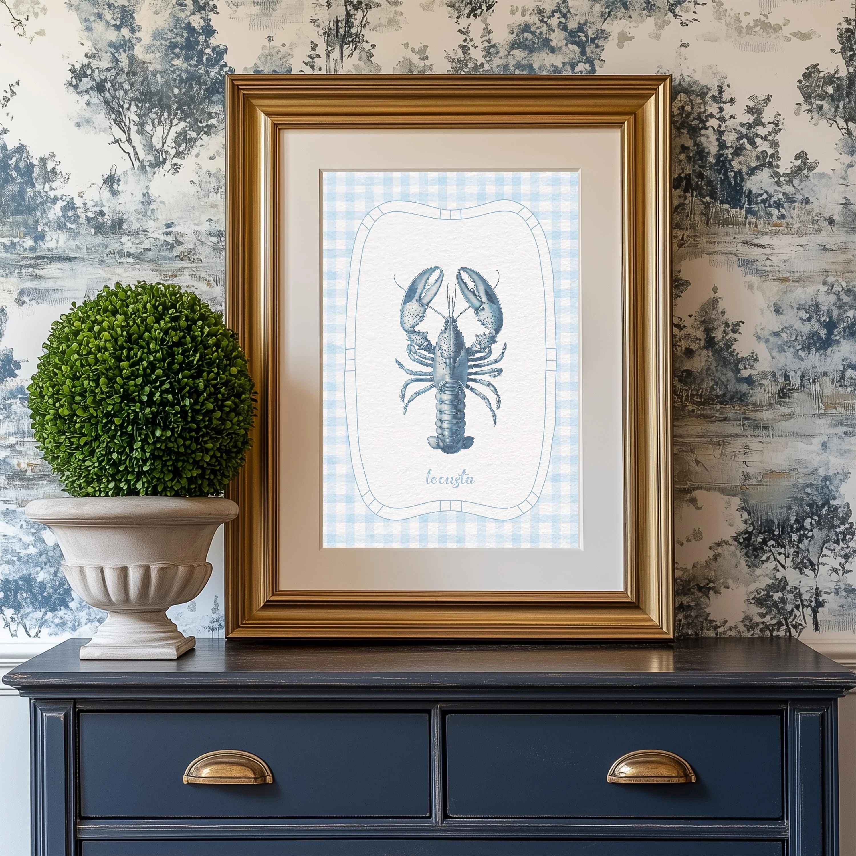 Lobster Wall Art Coastal Seaside Print Gingham Blue White Artwork - Image 4