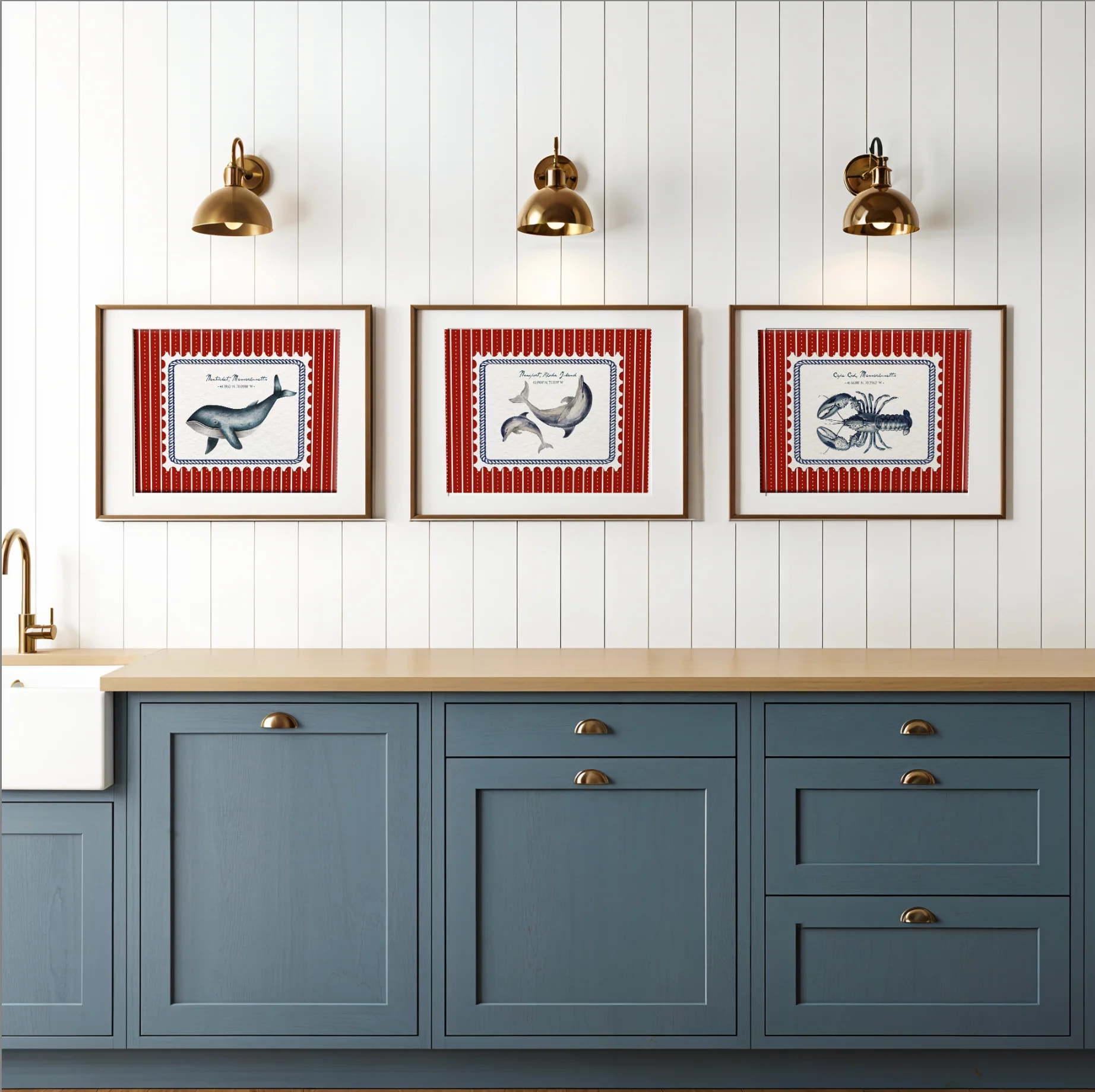 Lobster, Whale & Dolphin Set of 3, Nantucket East Coast Artwork