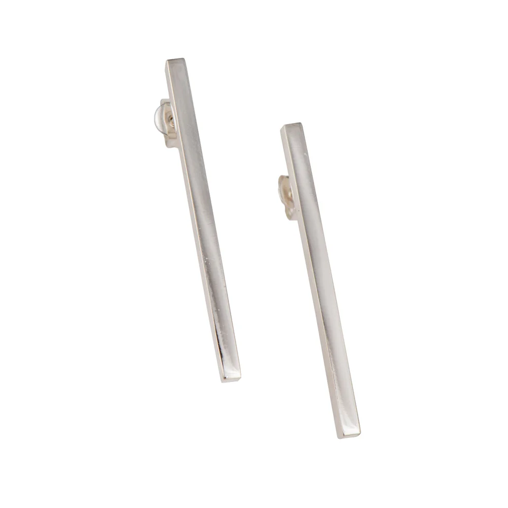 Long Cuboid Shaped Straight Bar Sterling Silver Earrings - Image 2