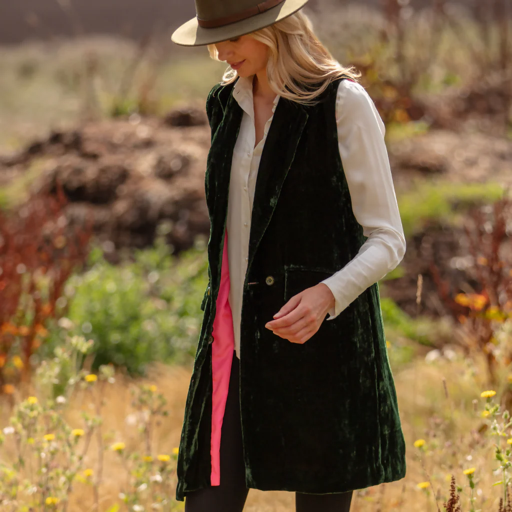 Long Silk Velvet Waistcoat In Forest Green - Image 2