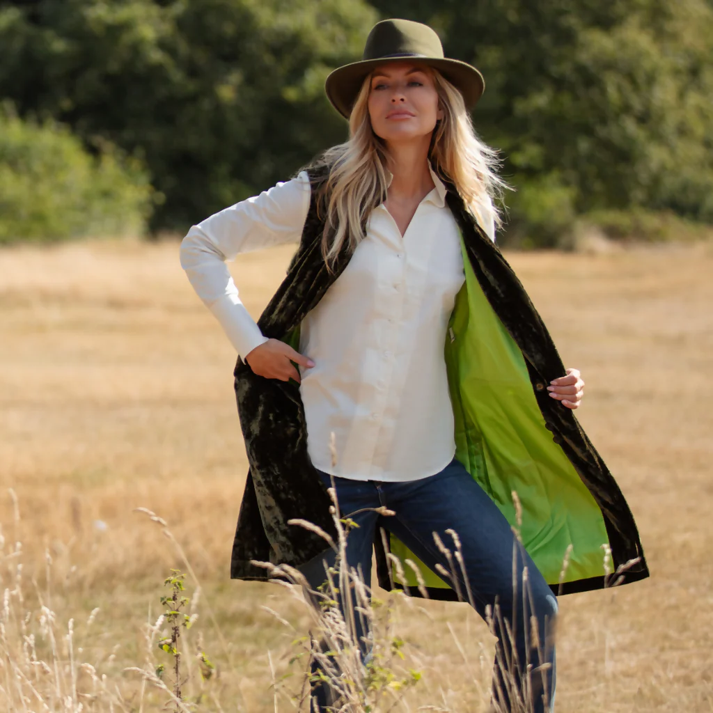 Long Silk Velvet Waistcoat In Olive Green - Image 2