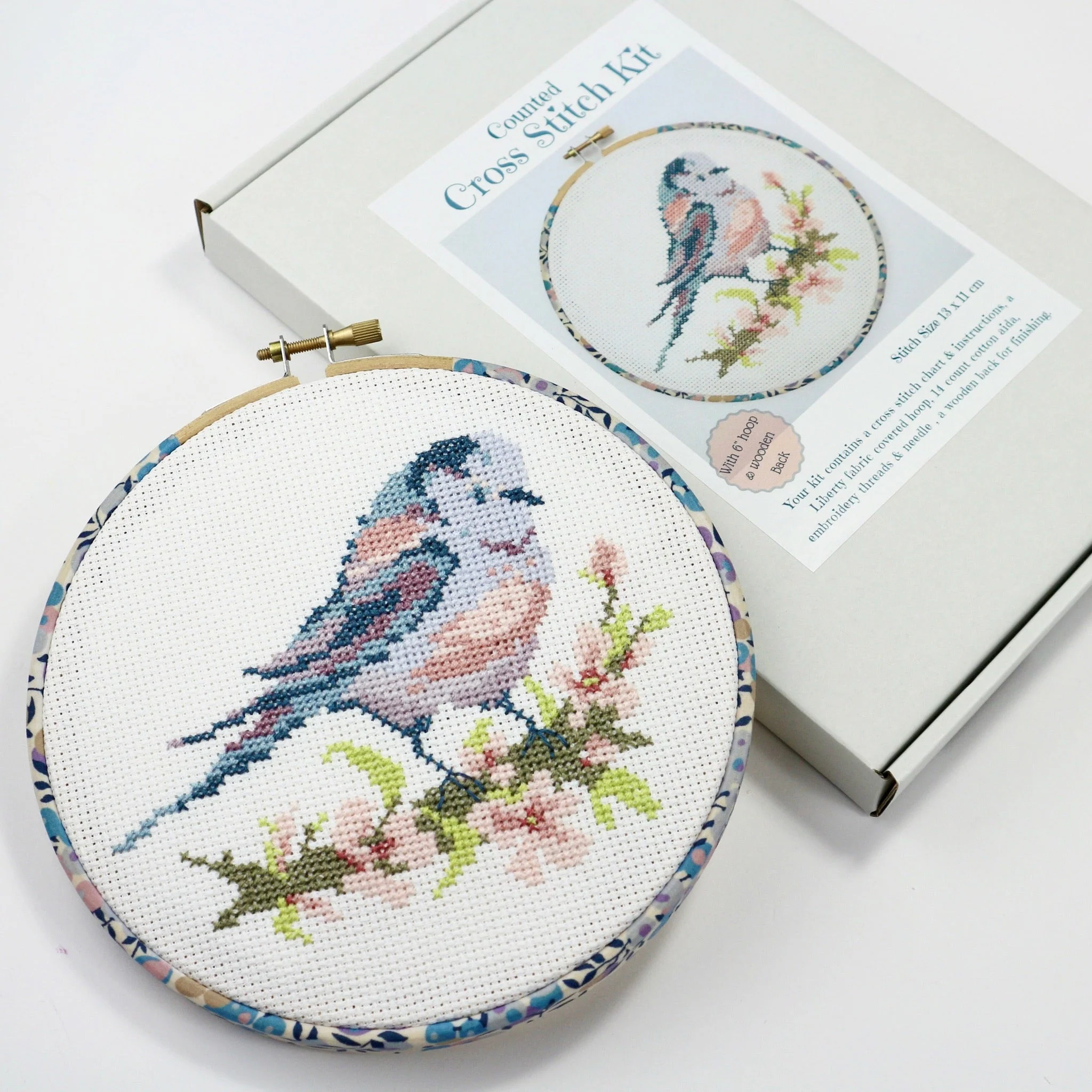 Long-tailed Tit with Pink Blossom , Cross Stitch Embroidery Hoop Wall Hanging Kit - Image 4