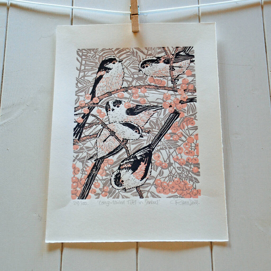 Long-tailed Tits in Sorbus - Limited Edition - Original Linocut Print - Image 3