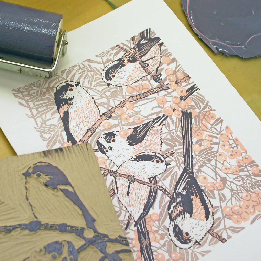 Long-tailed Tits in Sorbus - Limited Edition - Original Linocut Print - Image 4